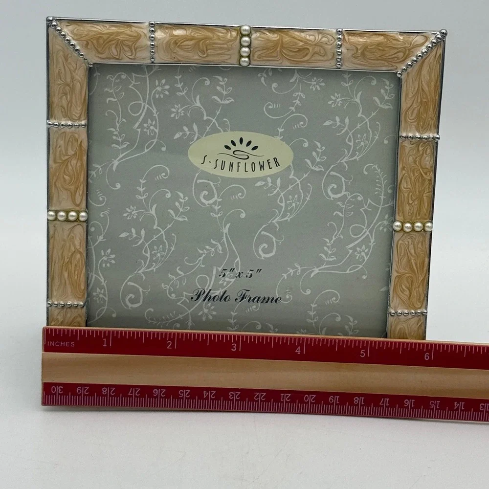 Sunflower Designs 5x5 Photo Frame Cream  Marbled Enamel Faux Pearl Silver Trim